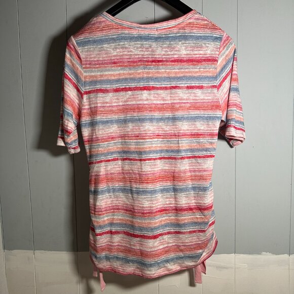 Democracy Top Womens Medium Pink Multicolor Striped Short Sleeve With Side Ties - Picture 2 of 8
